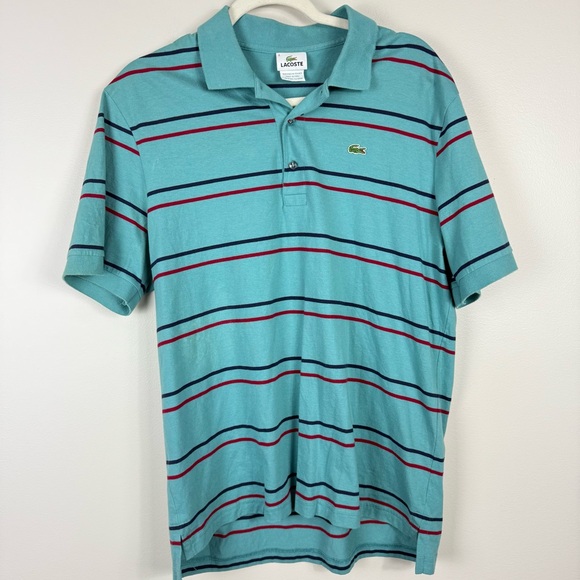 Lacoste Polo Mens 7 Large Teal Blue Red Stripe Short Sleeve Preppy Short Sleeve - Picture 8 of 8